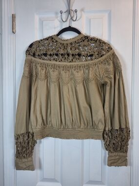 Free People Olive Green Crochet Lace Yoke Smocked Boho Blouse